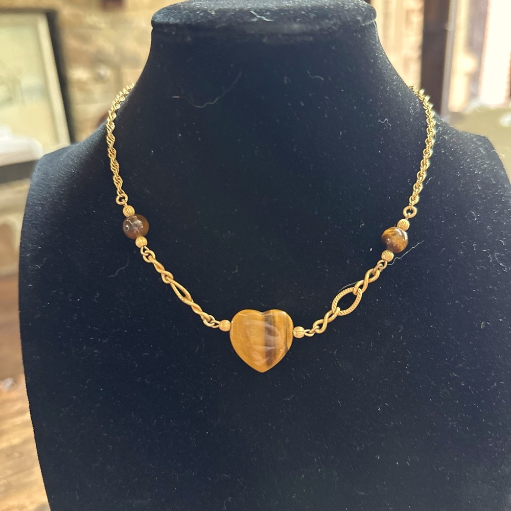 Miriam Haskell Signed Vintage Tigers Eye Heart Necklace